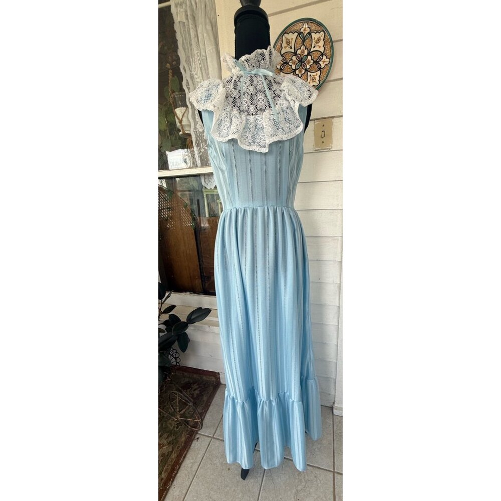 Vintage 70's Baby Blue Mai Dress With Lace Yoke Size Small - Picture 1 of 16